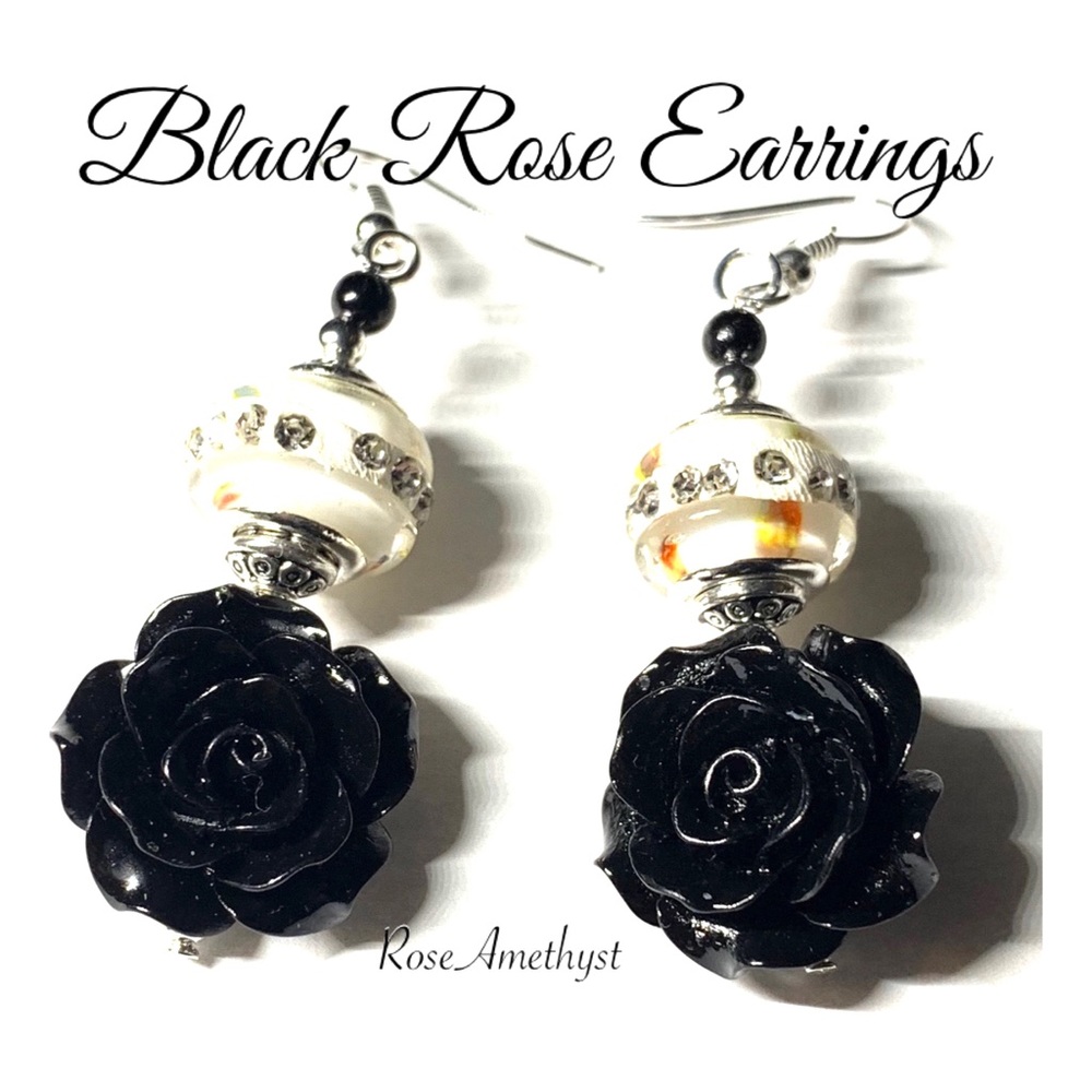 Elegant Black Rose Earrings - Picture 2 of 2